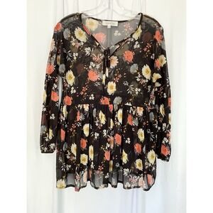 Eden & Olivia Womens Sheer Black Floral Blouse Top Size Small Stretch 3/4 Sleeve